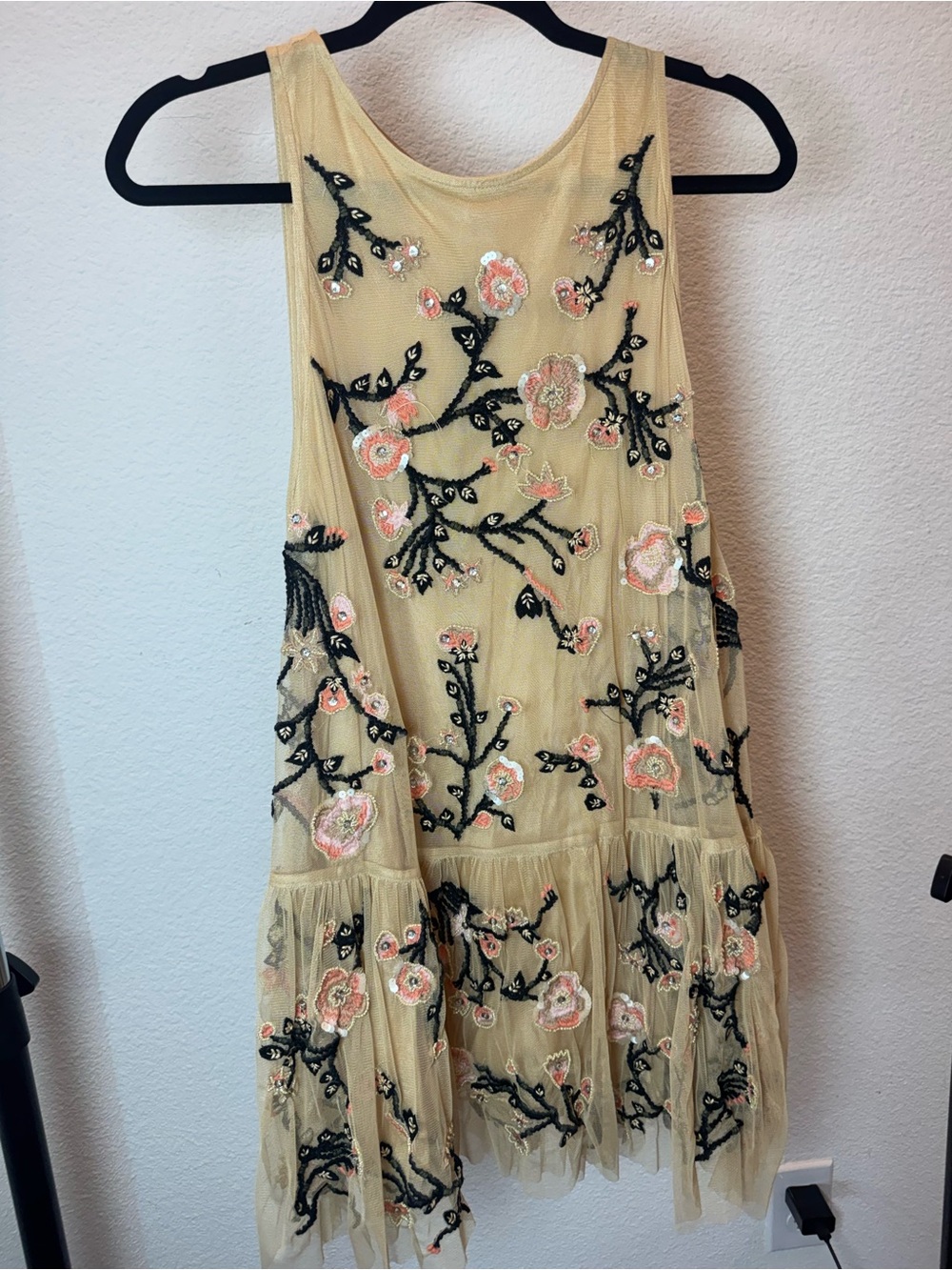 Free People Beige Sheer Mesh Floral Embroidered Boho Top